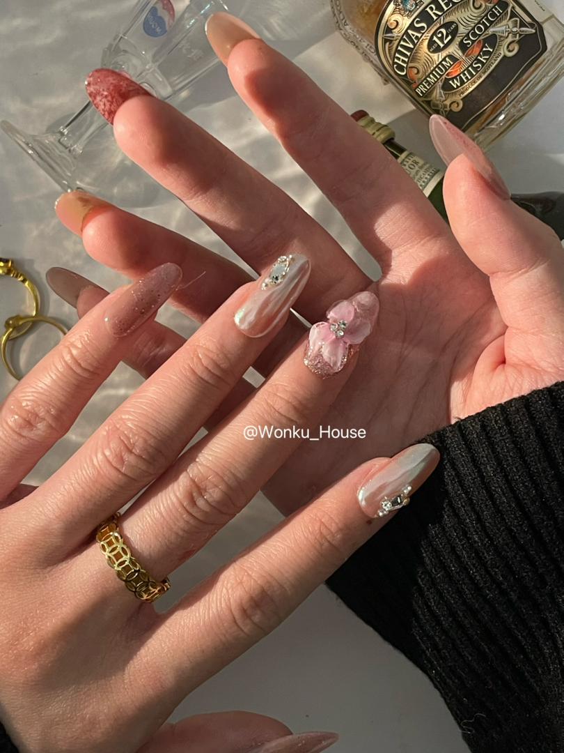3D Pinkish Icy Flower Handmade Press-on Nails